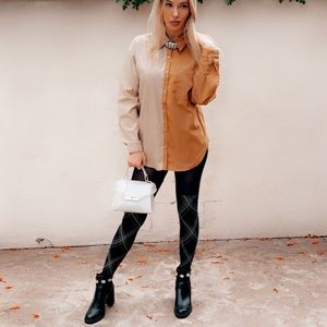 Long button up long sleeve two toned collared top